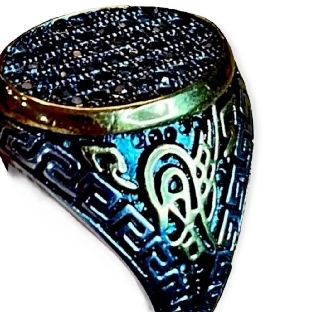14K Gold Black Austrian Crystals Stainless Steel Signal Ring Size 9